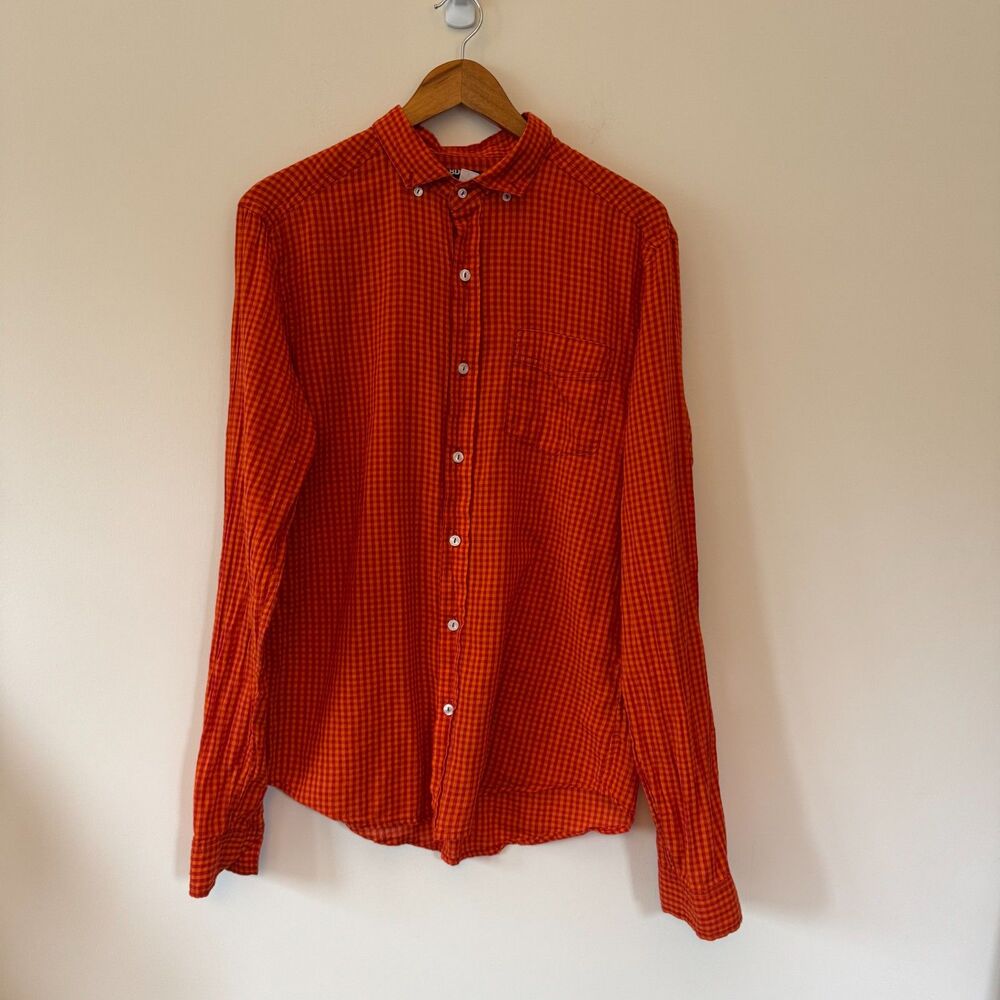 BDG Men's Cotton Orange Checkered Plaid Flannel Shirt Size Medium